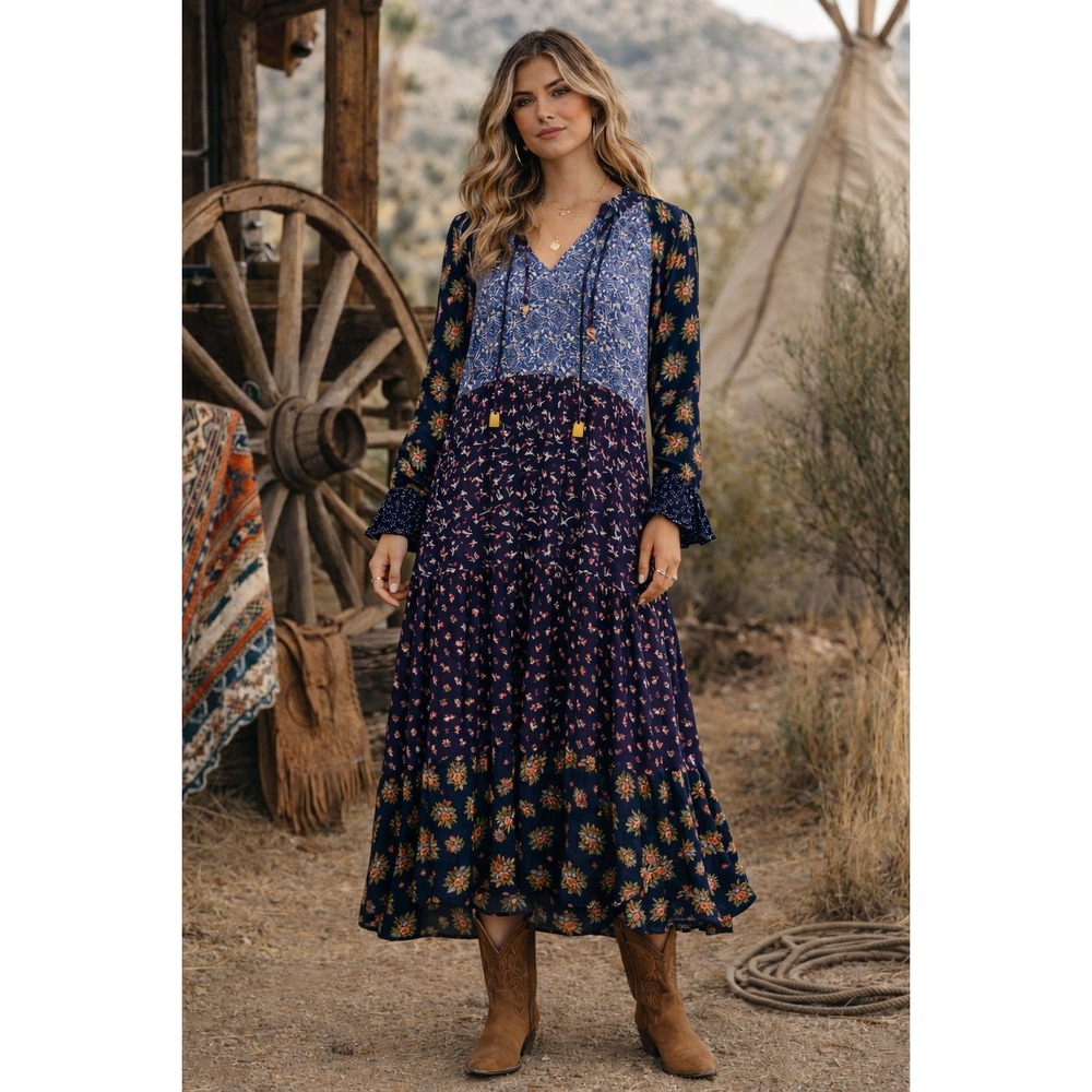 Pyramid Collection Patchwork Floral Boho Maxi Dre… - image 1